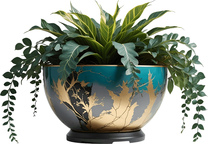 Kintsugi Bliss – Turquoise and Gold Planter with Foliage PNG product image (1)