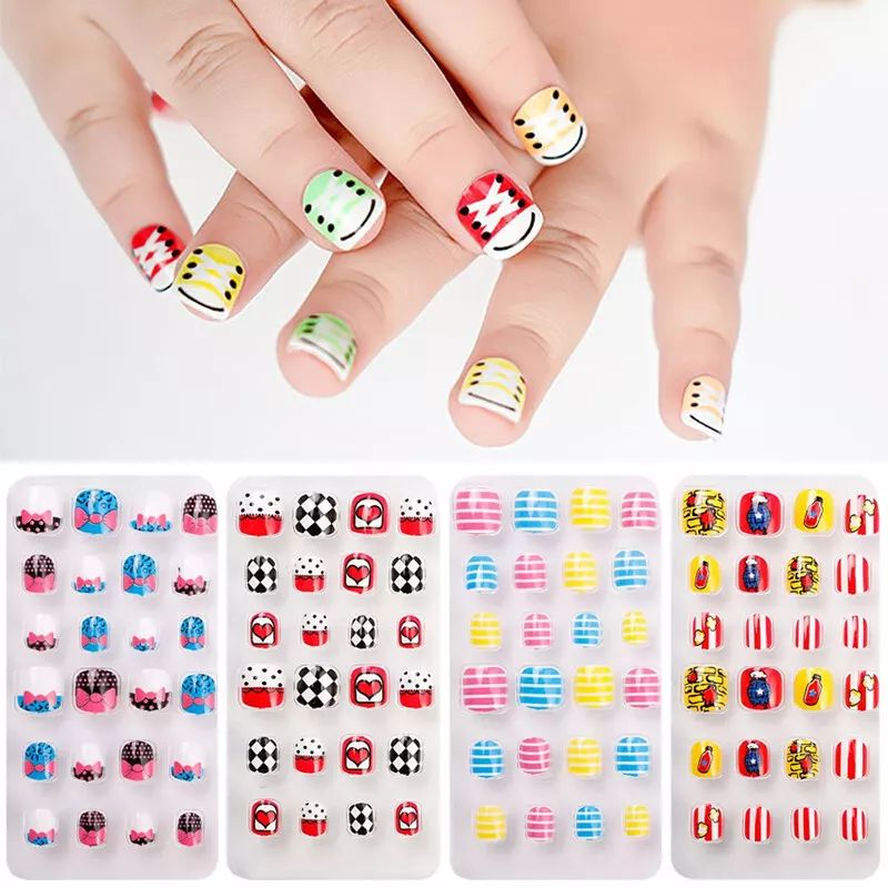 24Pcs Kids Childrens Girls Fake Stick Press On False Nails Full Cover Pre-glue product image (2)