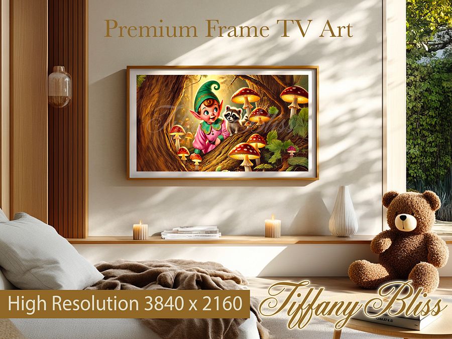 Spring Samsung Frame TV Art, Forest Elf with Raccoon, Woodland, Retro Art for TV product image (4)