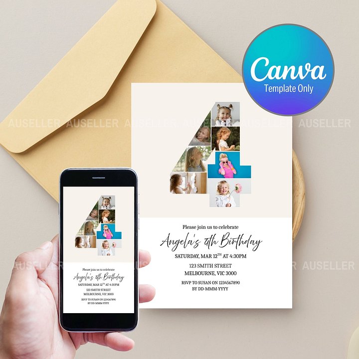 4th Birthday Photo Collage Editable Invitation Template product image (1)