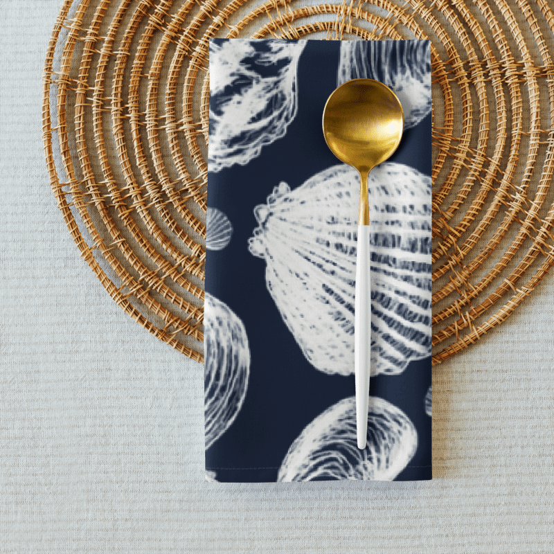 New England Tidal Treasures | Seashell Napkin Set | Monique Faella Designs™ | White on Dark Blue product image (3)