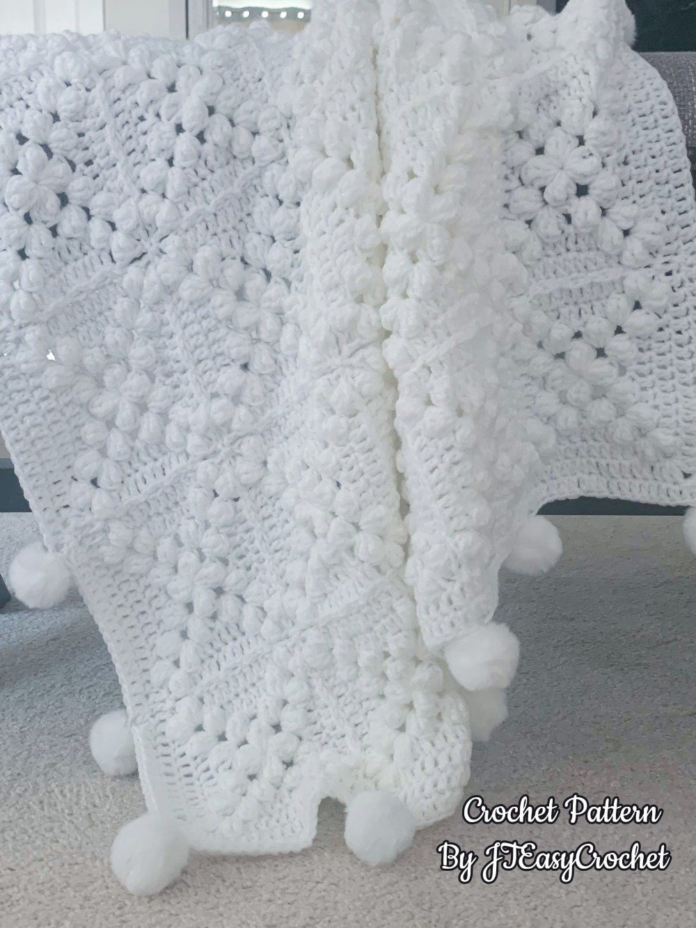 Granny Square Blanket With Poms, Easy Crochet Pattern & VIDEO, Textured Crochet Throw Home Decor, Baby Gift product image (2)