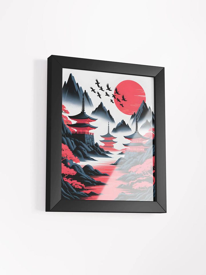 Japanese Pagodas and Red Sun Framed Print | Asian Landscape Wall Art product image (2)