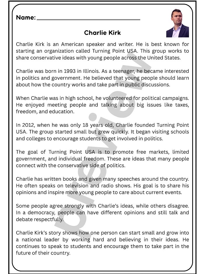 Charlie Kirk A Young Political Leader Reading Comprehension for Grades 4–10 product image (2)