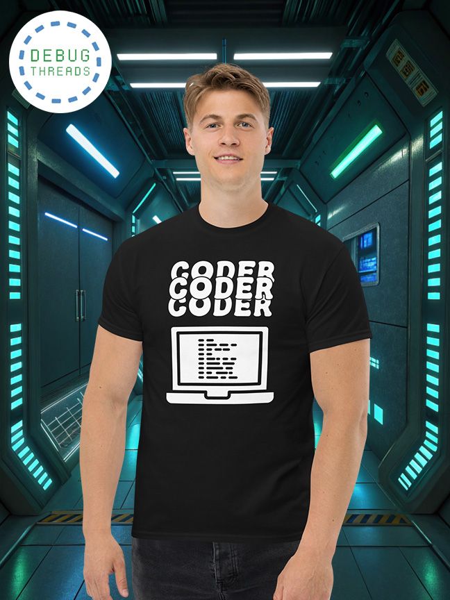 "Coder" Triple Text Design with Laptop - T-Shirt for Coders product image (1)