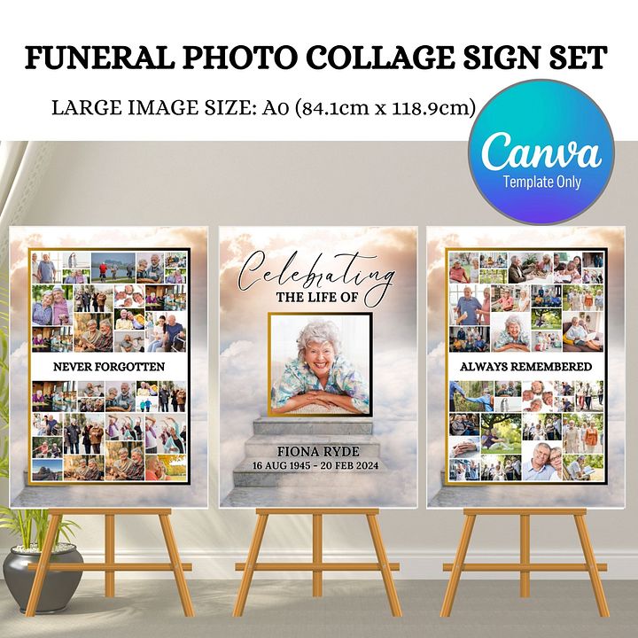Stairs To Heaven Funeral Photo Collage Sign Set Canva Template product image (1)