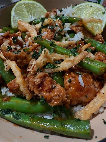 Sweet Chili Turkey & Green Bean Bowl w/ Crispy Fried Onions & Cilantro
