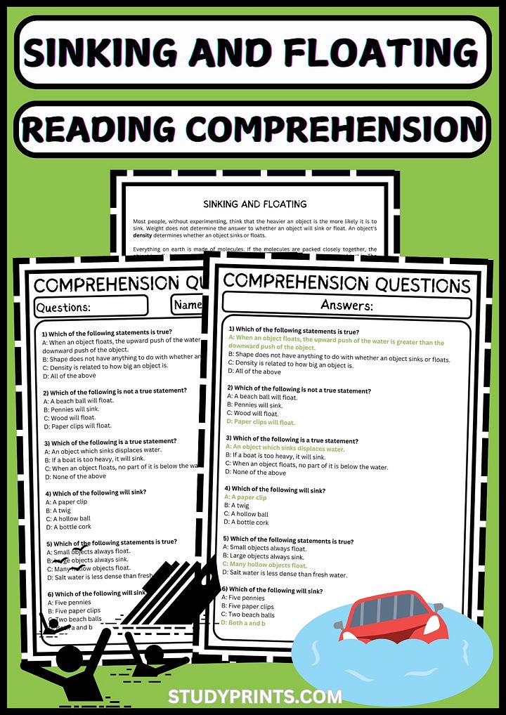 sinking and floating reading comprehension MULTIPLE-CHOICE QUIZ & ANSWER KEY product image (1)