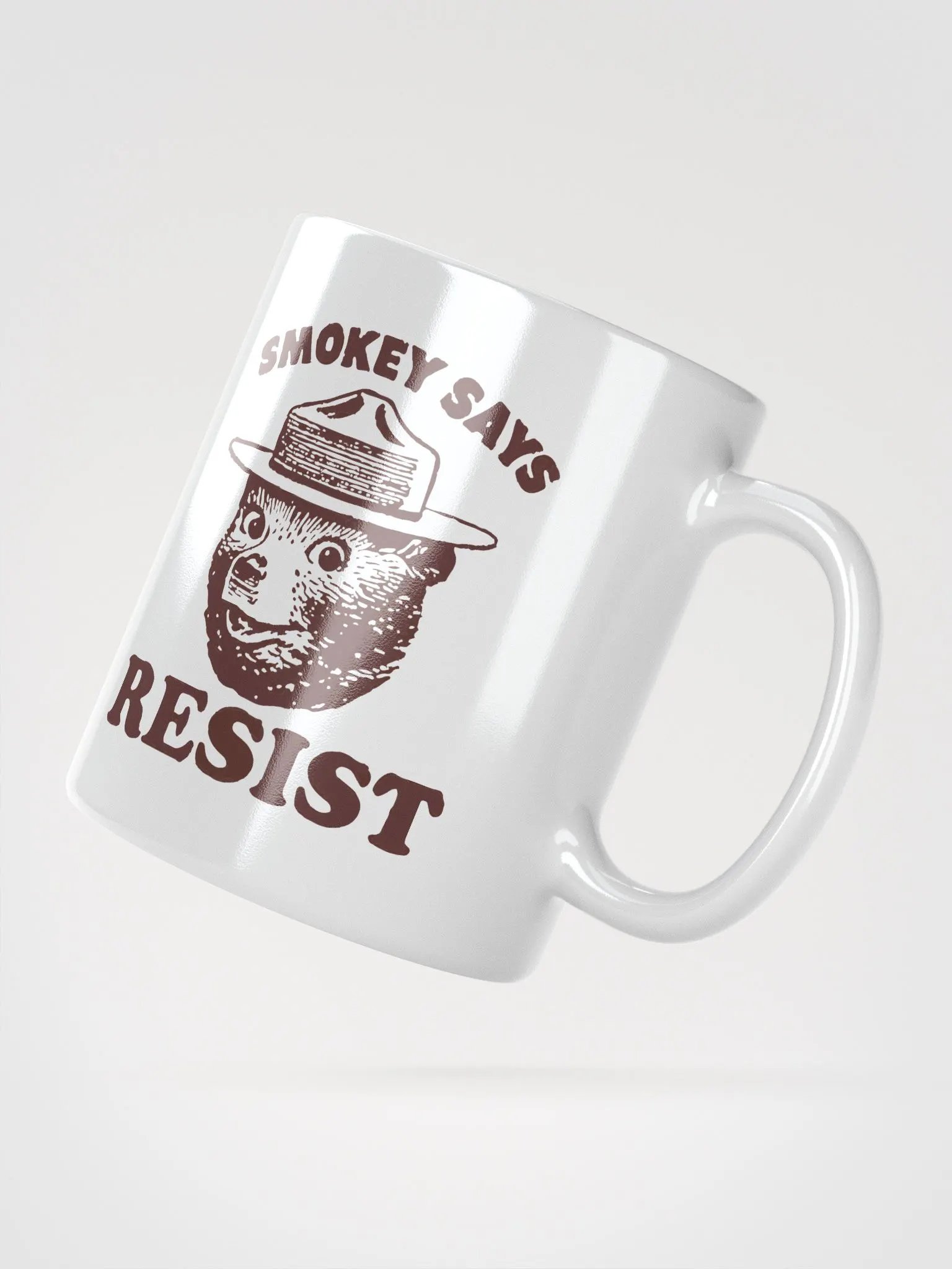 Smokey Says RESIST! Coffee Tea Mug Cup 3 SIZES! White Glossy Ceramic Cafe Outdoors product image (2)