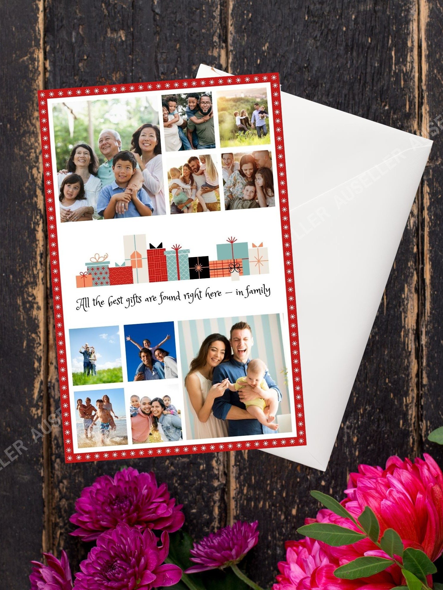 Christmas Photo Collage Card With Stars In Red Border Template product image (2)
