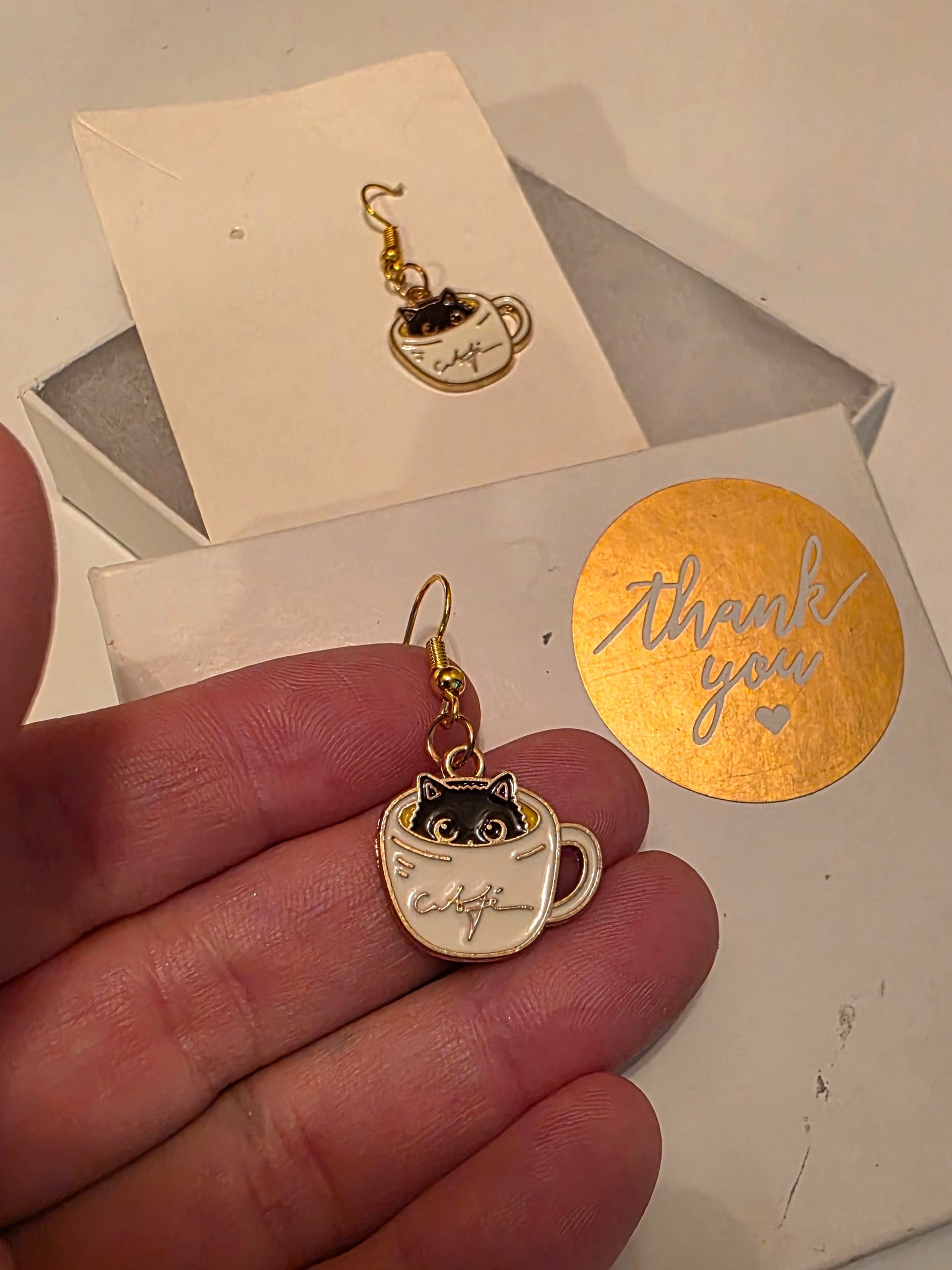 Purrrfectly Cozy Café Cat Earrings - Gold Dangle Hooks product image (1)