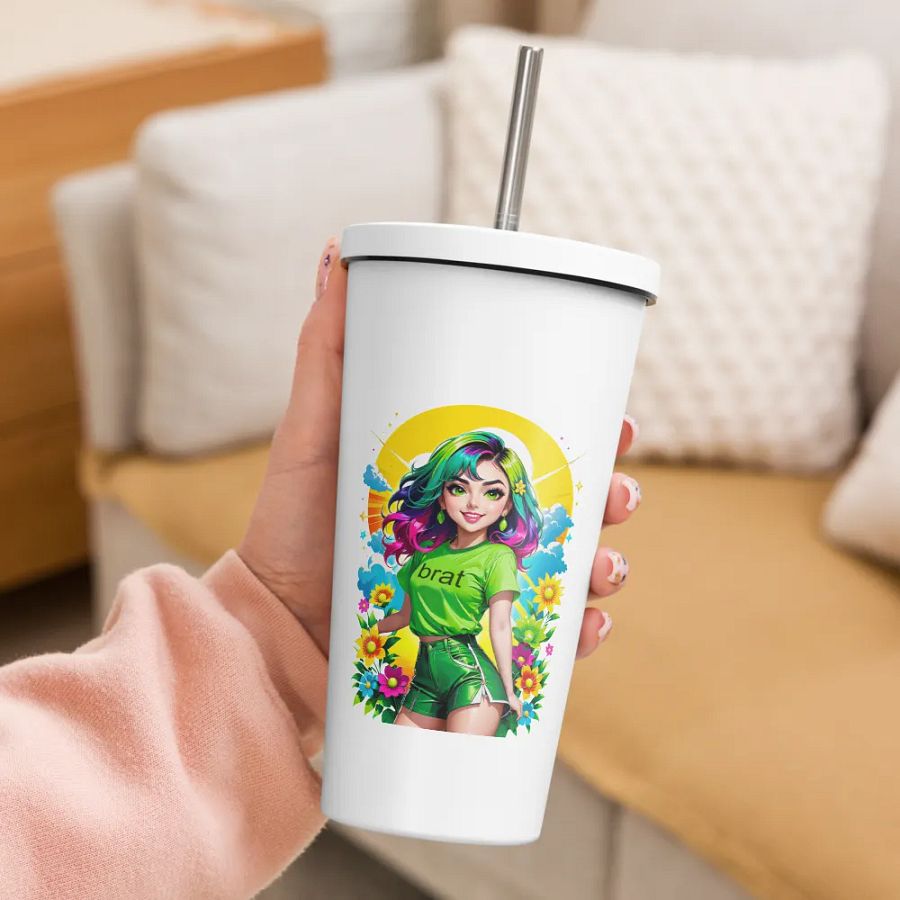 Brat 20 oz Tumbler Cup - White - Insulated Tumbler with a Straw v3 product image (3)