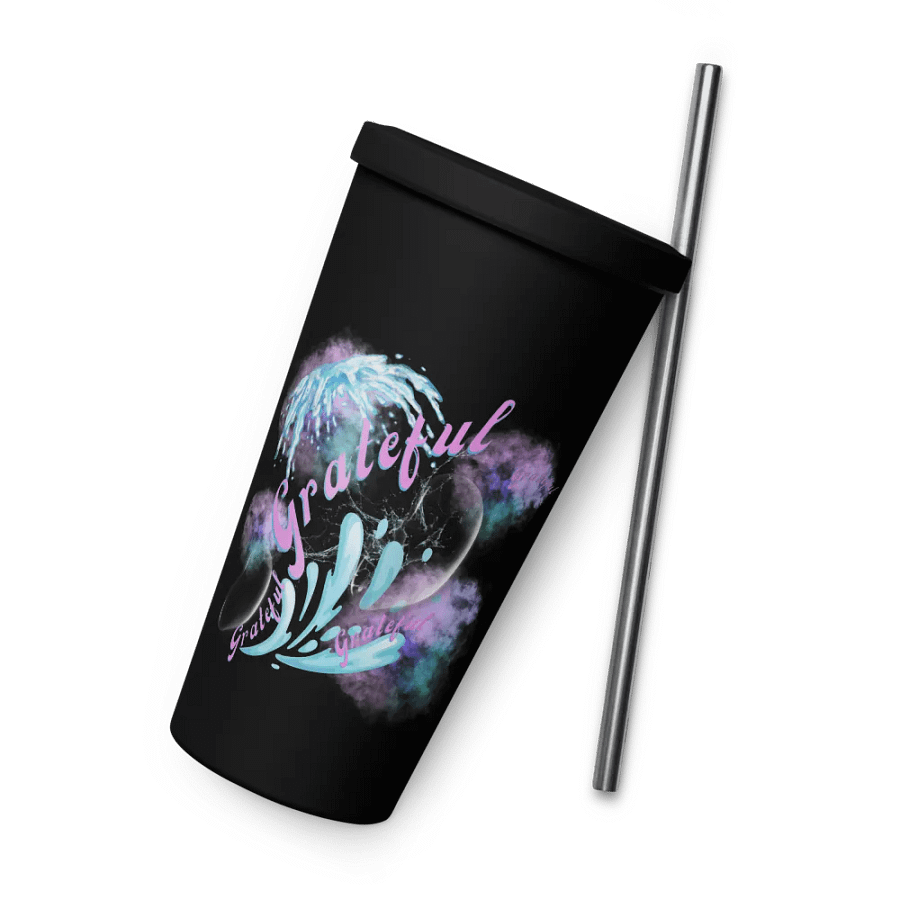 Insulated tumbler with beautiful swirly blue water splash and drops design featuring “grateful’ product image (6)