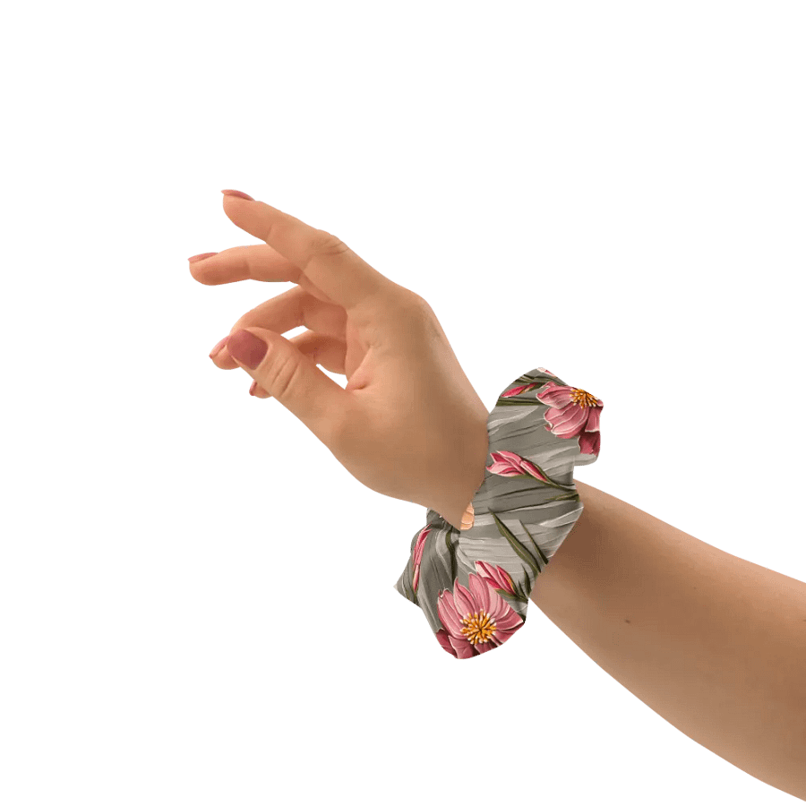 Hair Scrunchie - Painted Flowers in Shades of Yellow and Pink on a Textured Khaki Background product image (8)