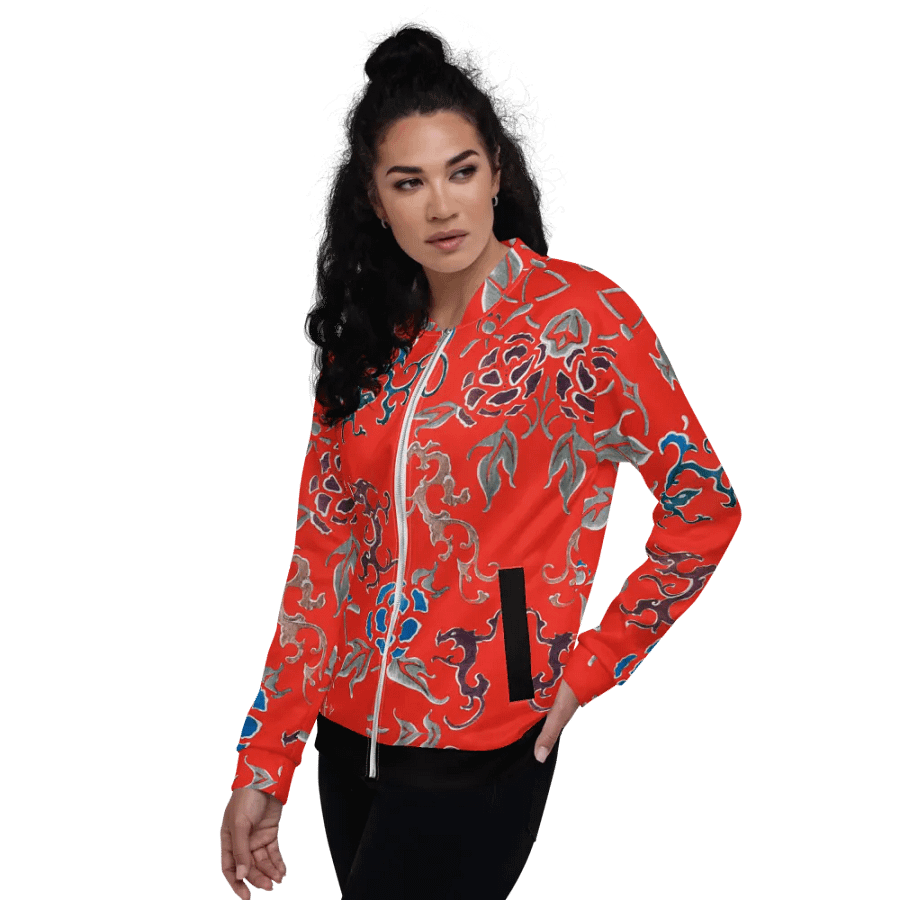 Red Oriental Floral Zip-Front Unisex Bomber Jacket product image (8)