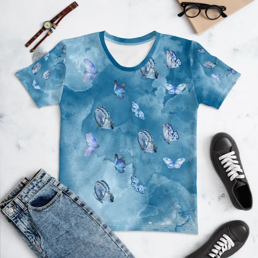 Womens all over printed t shit with light blue water color design with butterflies product image (10)