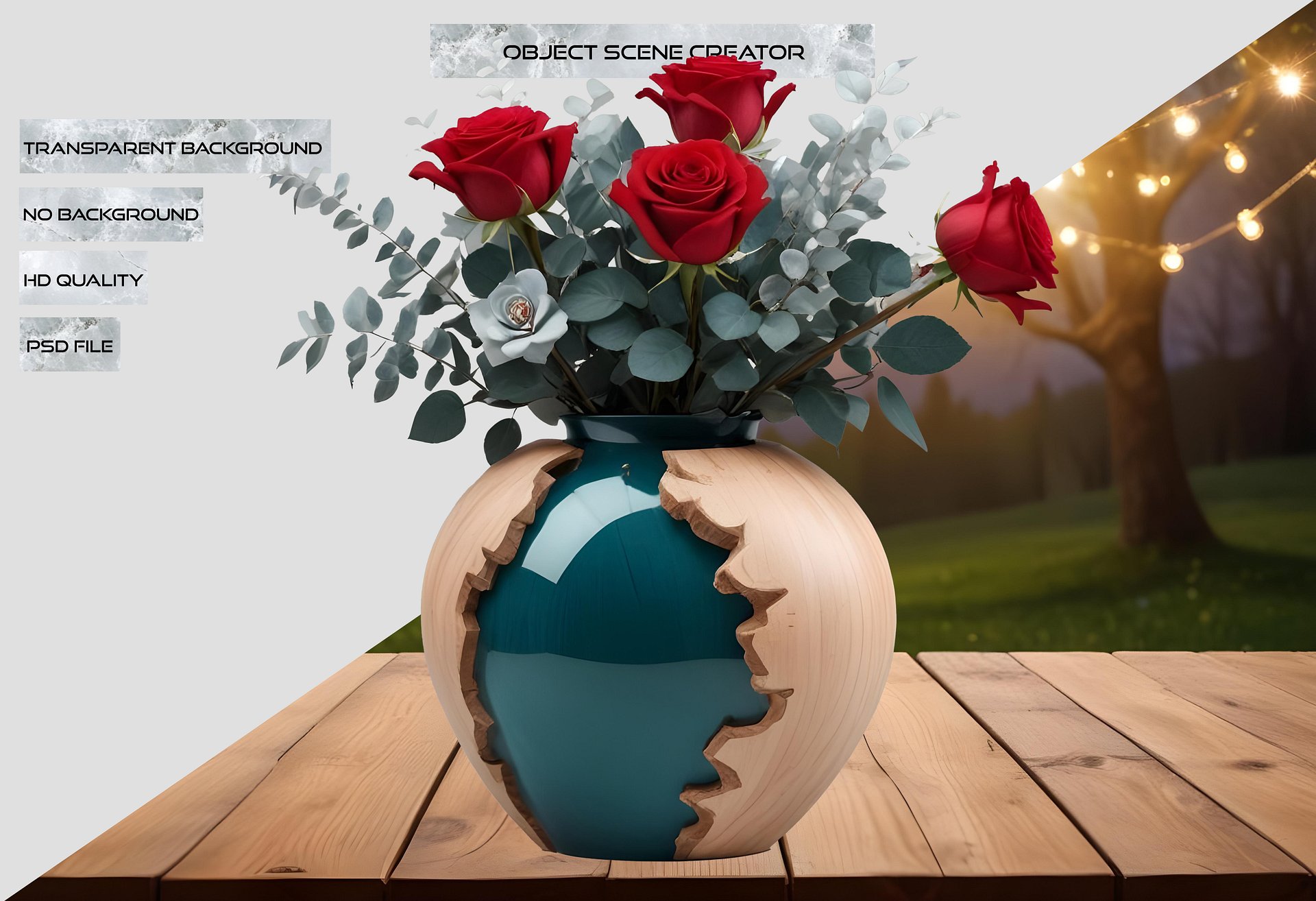 Intricate Carved Wooden Vase with Red and White Roses PNG product image (2)
