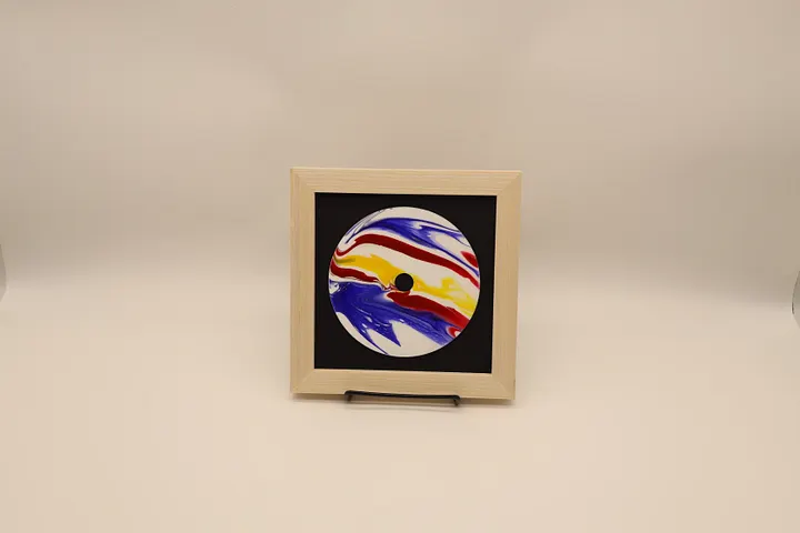 Framed Acrylic Pour Painting on CD - Blue, Yellow, and Red product image (2)