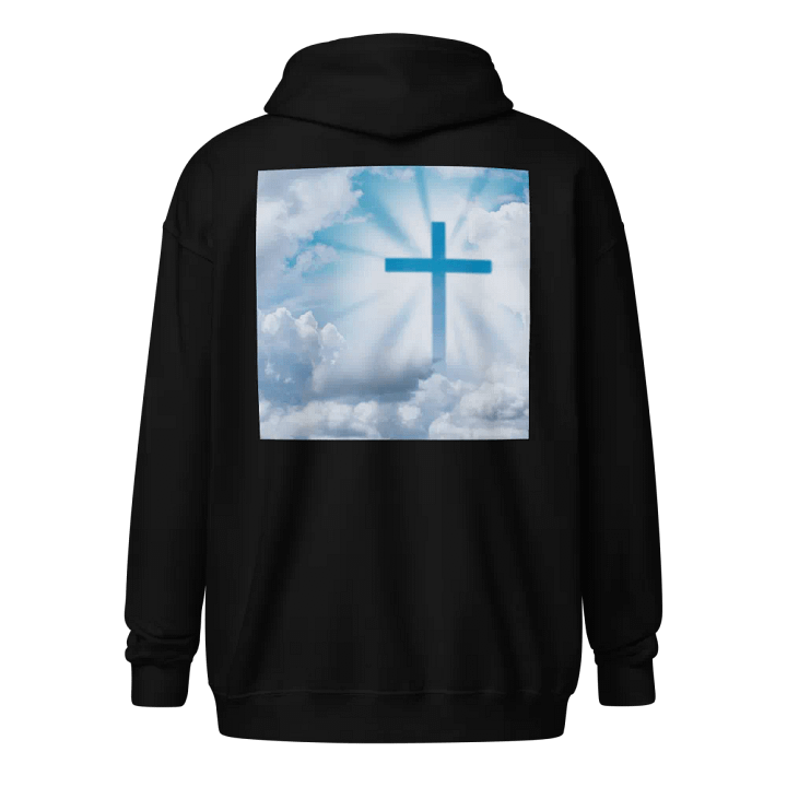 A cross surrounded by a heavenly scene, with rays of light shining through soft clouds in a bright blue sky Hoodie product image (1)