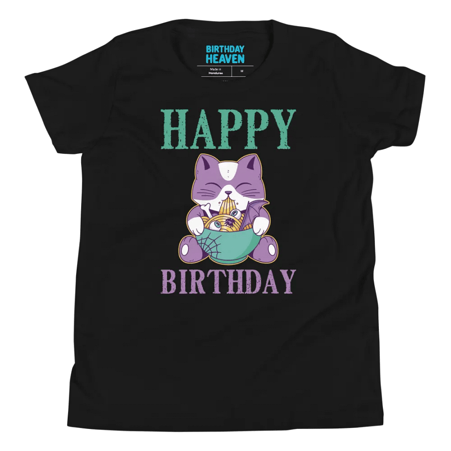 Happy Birthday (Spooky Cat Eating Noodles) T-Shirt For Kids product image (4)