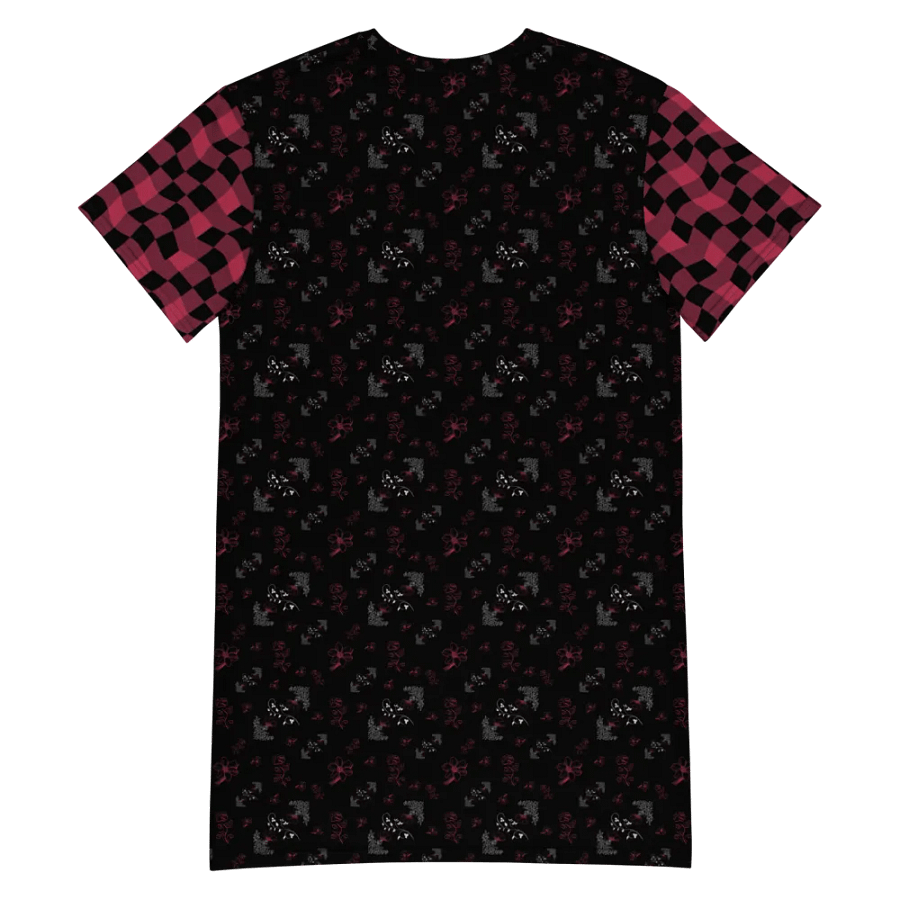 Magenta and White Flowers on Black with Warped Checkered Sleeves Women's T-Shirt Dress product image (5)