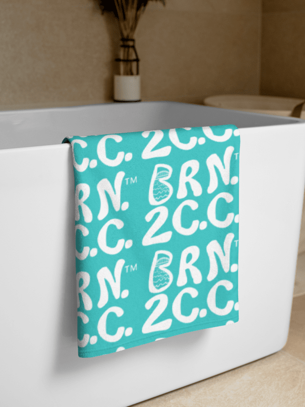 BRN.2C.C.™ | Coastal Classic Beach Towel | All-Over Logo Print | Vibrant Colors for Salty Souls | White Logo on Dark Turquoise product image (2)