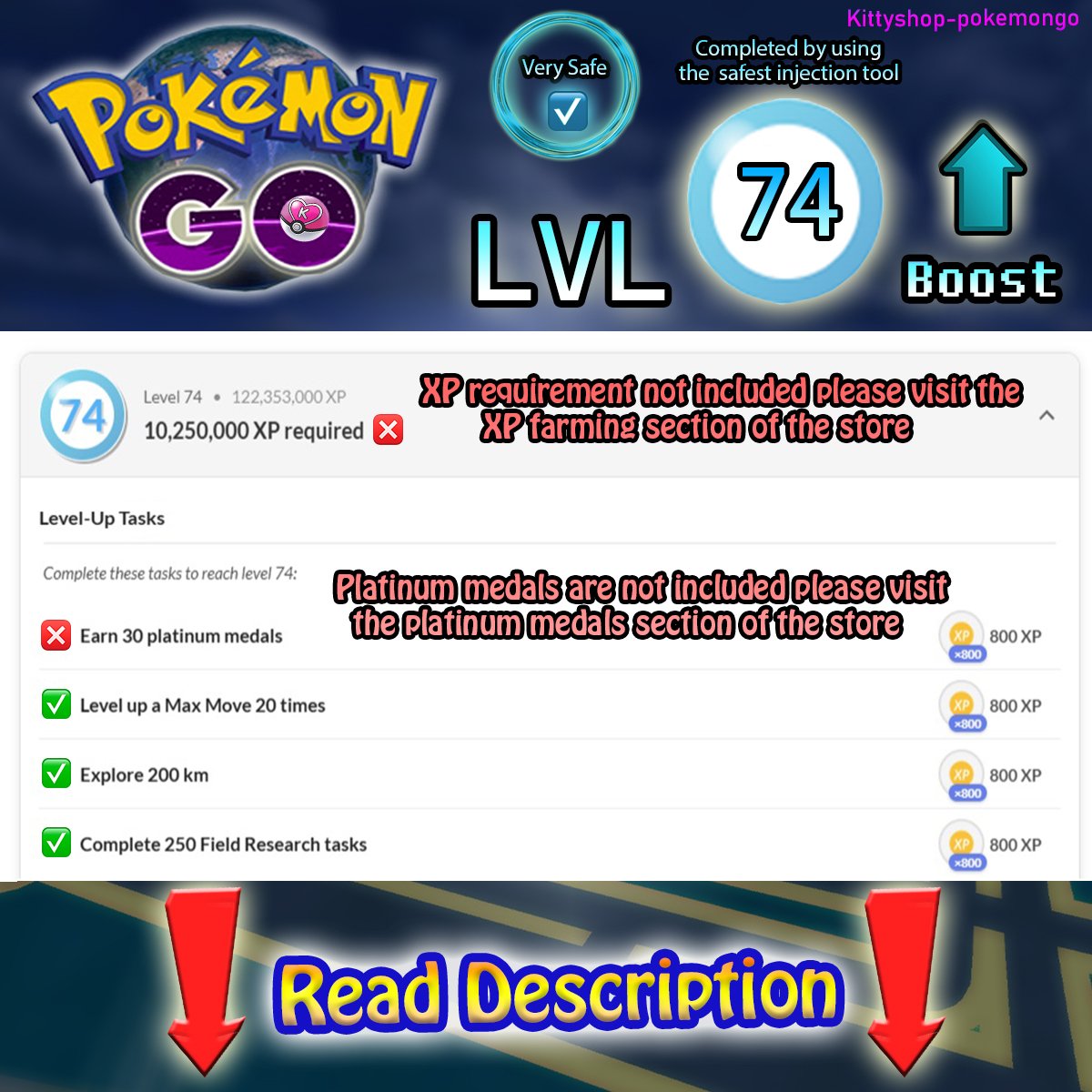 🔵Pokémon Go! LVL 74 Boost ⬆️- level 74 Quests completion fast and Very Safe by an experienced player product image (1)