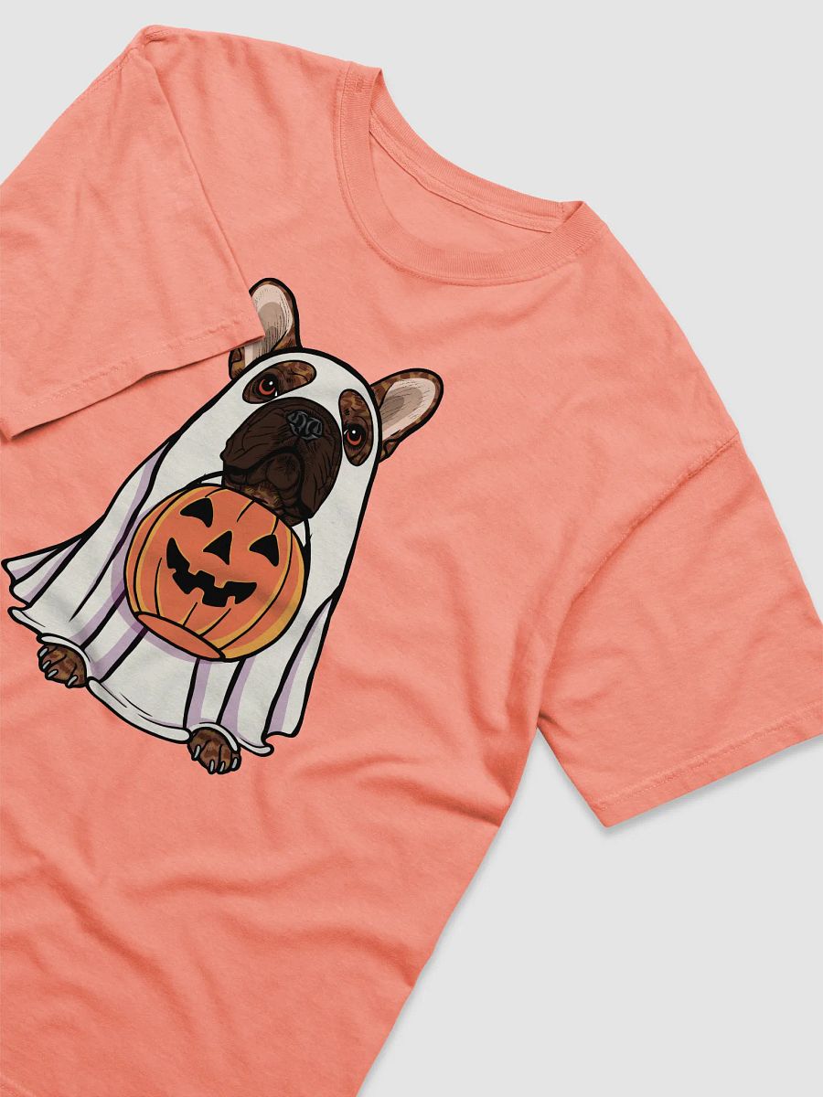 Funny Halloween French Bulldog(Brindle) T-Shirt | Funny Frenchie Wearing a Ghost Costume and Holding a Pumpkin Basket product image (24)