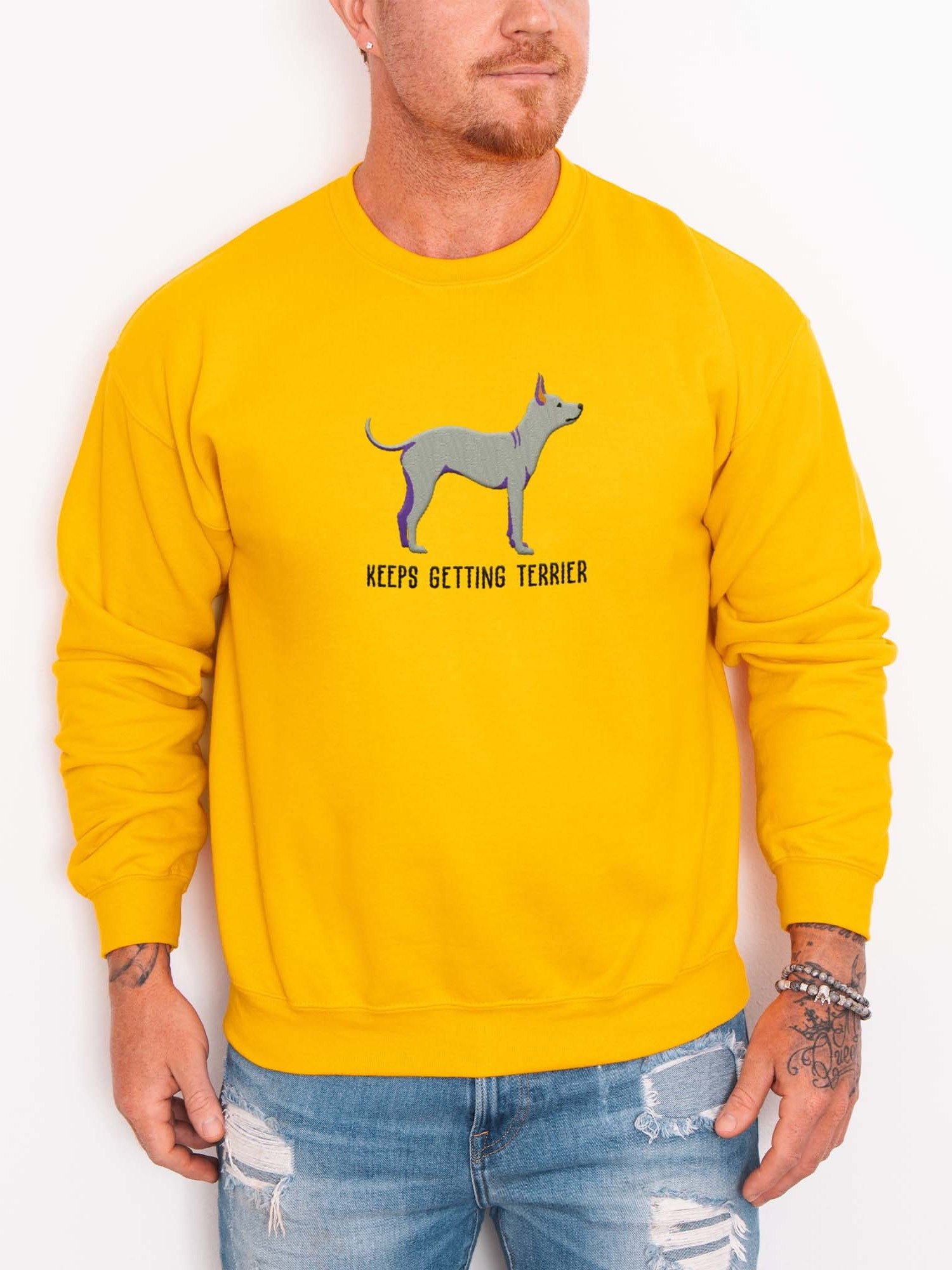 Keeps Getting Terrier Sweatshirt (Embroidered) of an American Hairless Terrier(Blue) product image (2)