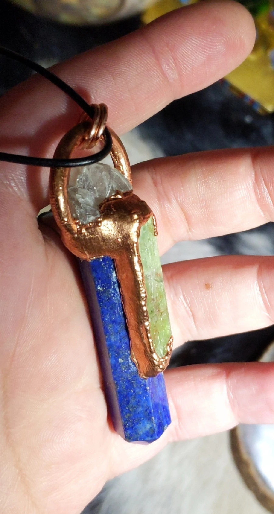 Green Kyanite, Lapis Lazuli Tower & Raw Quartz Cluster Necklace product image (7)