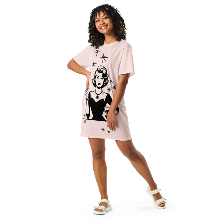 Retro Woman Drinking Wine T-Shirt Dress, Misty Rose product image (1)