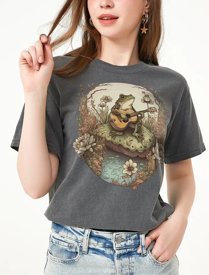 Vintage-Style Cottagecore Frog Playing Guitar in Forest T-Shirt | Cottagecore, Goblincore, & Mystical Shirt Design product image (20)
