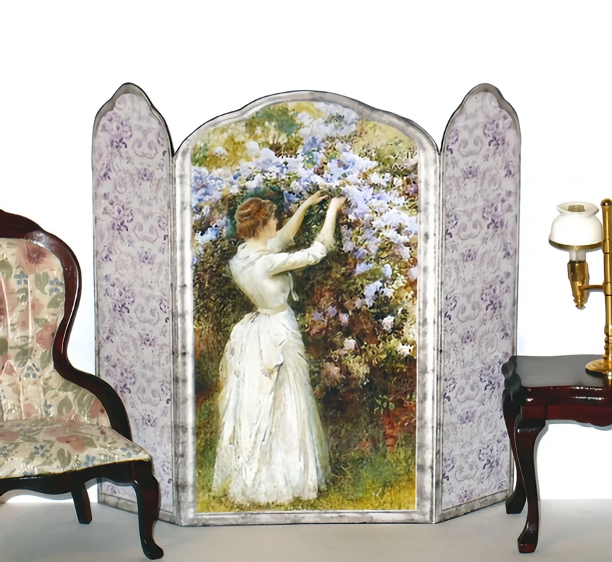 Victorian Lady and Lilacs Dollhouse Miniature Room Screen 1:12 Scale N016 product image (1)