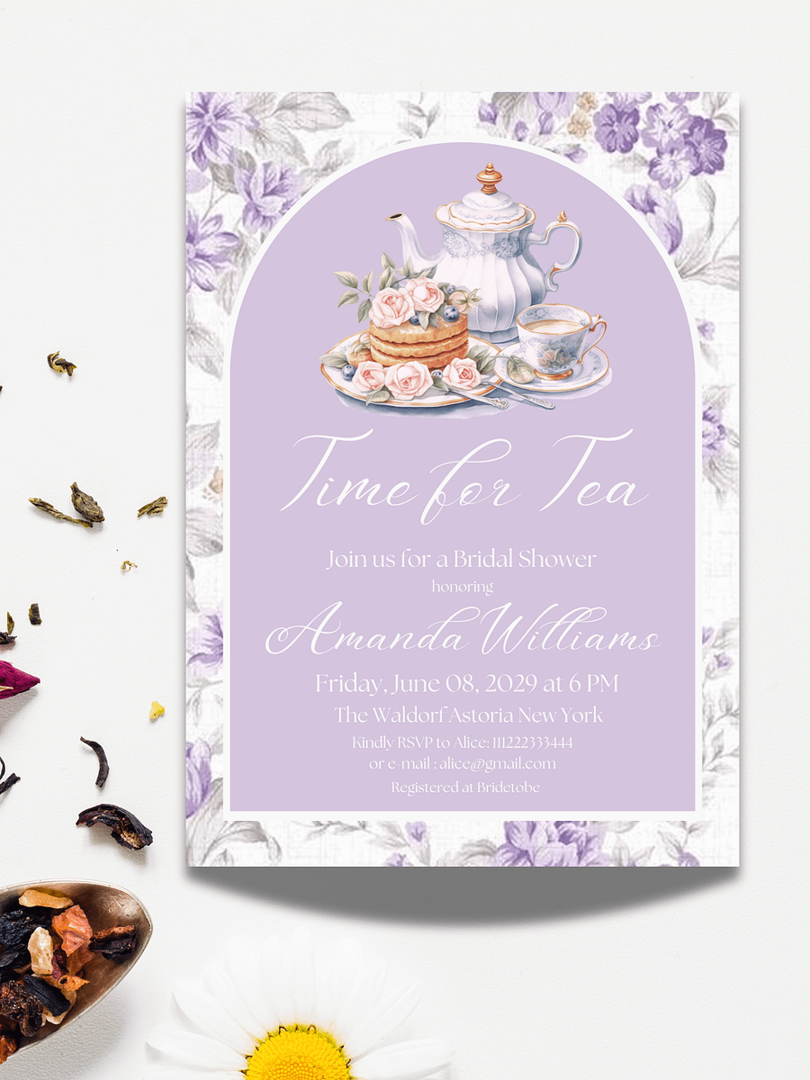 Tea Party Bridal Shower Canva Template Invite, Floral Purple Theme Printable Time for Tea Lavender Brunch Invitation | Digital Prints product image (4)