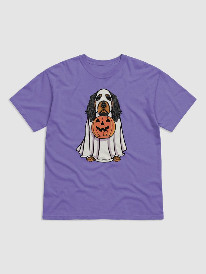 Funny Halloween Cocker Spaniel(Black & Tan) T-Shirt | Funny Cocker Spaniel Wearing a Ghost Costume and Holding a Pumpkin Basket product image (1)