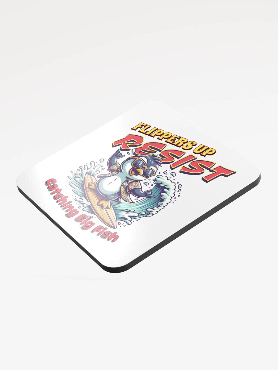 Flippers Up Resist Catching Big Fish Penguin Surfing Glossed Cork Coaster product image (4)