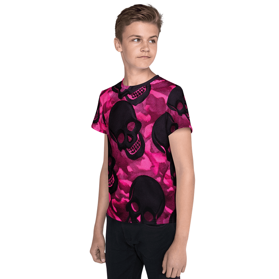 Youth Crew Neck T-Shirt pink and black skull product image (3)