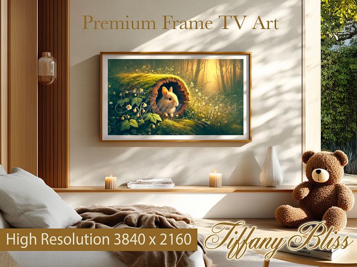 Spring TV Art, Bunny in a Log Forest Painting, nature, green, flowers, Screensaver, Wallpaper, Digital Download product image (2)
