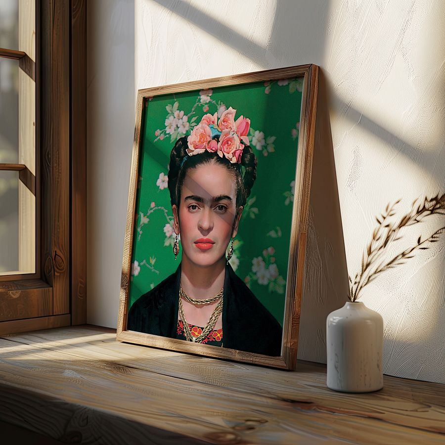 Frida Kahlo Portrait Photo in front of Green Floral Background product image (5)