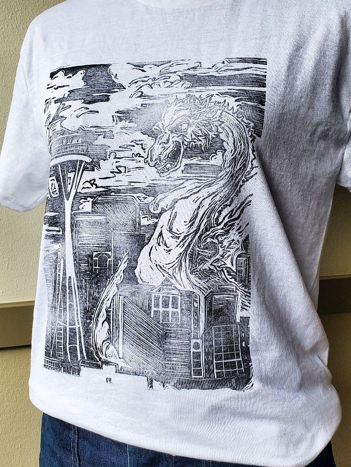 Kaiju Dragon in Seattle Linocut T-Shirt product image (1)