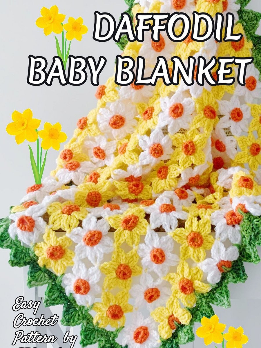 Daffodils Crochet Baby Blanket Pattern, Birth Flower Crochet Motif Boho Home Decor Throw product image (8)
