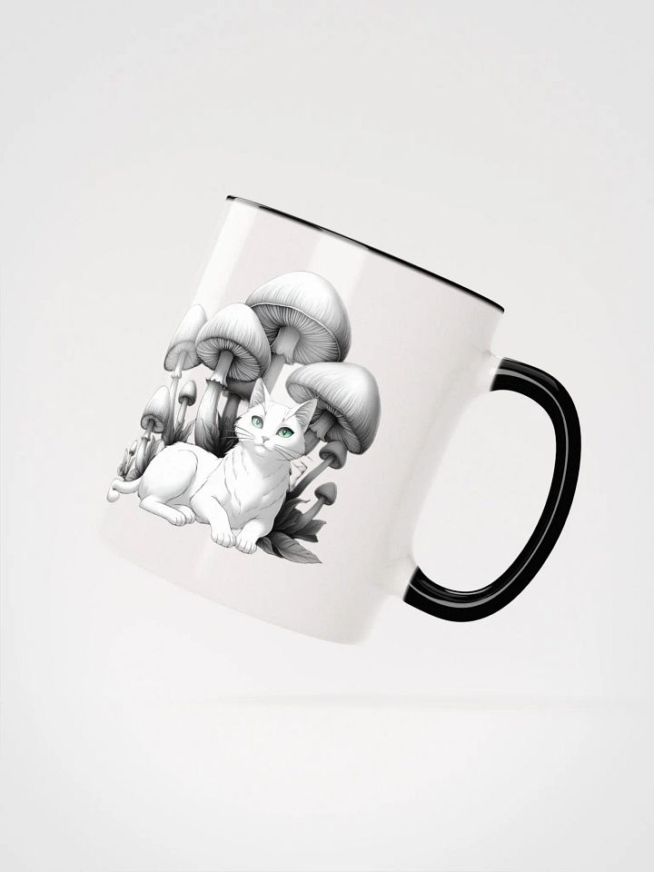 Black Cat and White Cat Resting Under Giant Mushrooms Coloured Mug product image (2)
