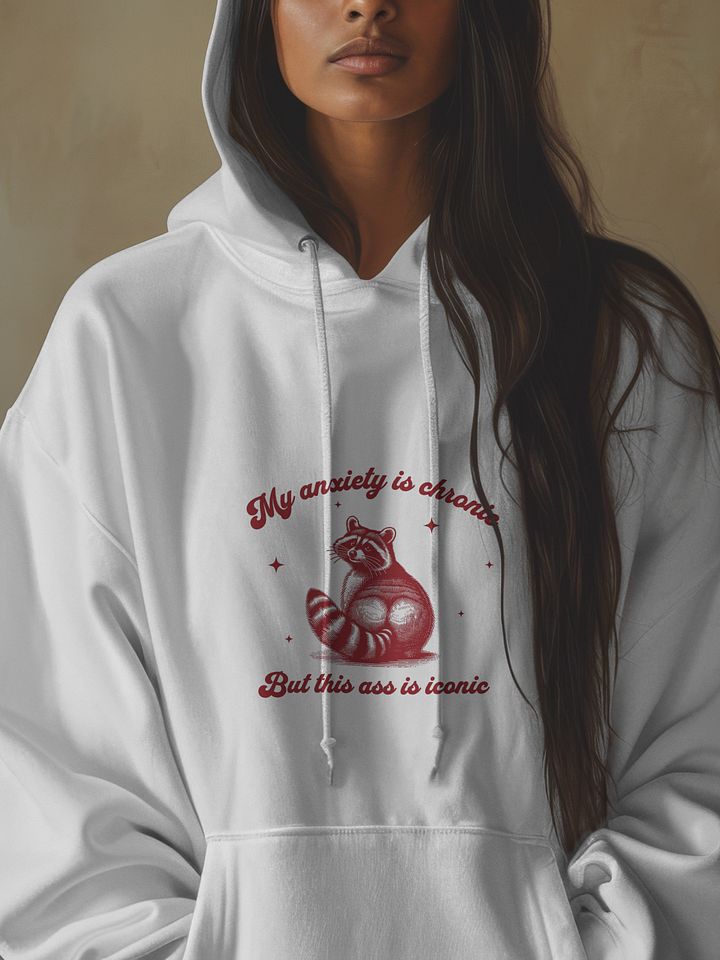 Raccoon Meme Hoodie - „My Anxiety Is Chronic But This Ass Is Iconic”, Funny Mental Health Hoodie, Vintage Hoodie product image (1)