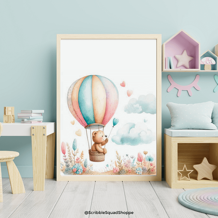 Whimsical Hot Air Balloon Teddy Bear Digital Wall Art - Nursery Decor, Playful Kids' Room Artwork product image (1)