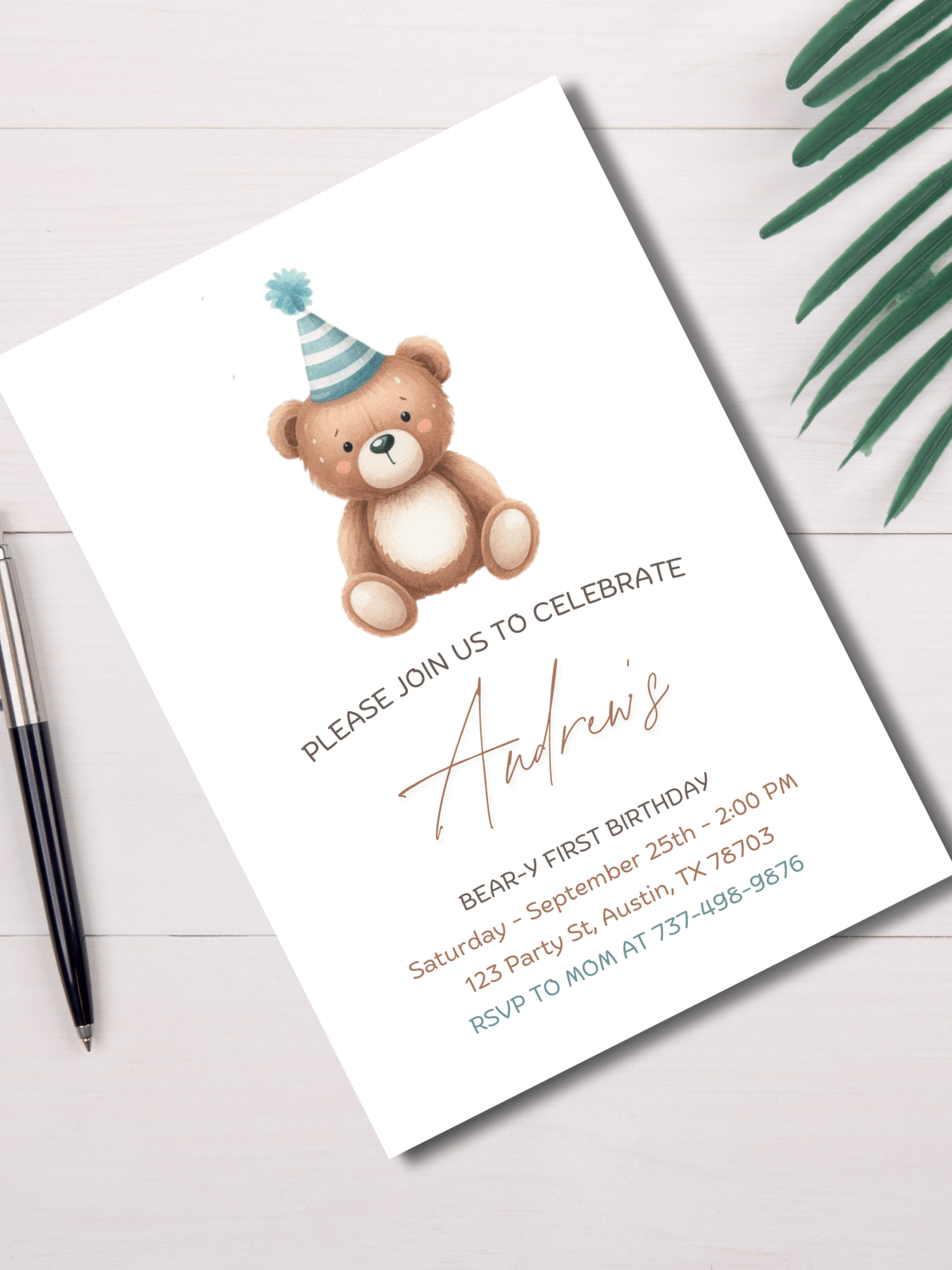 Beary First Birthday Invitation – Editable Greenery Bear Theme Canva Template, Instant Download product image (1)