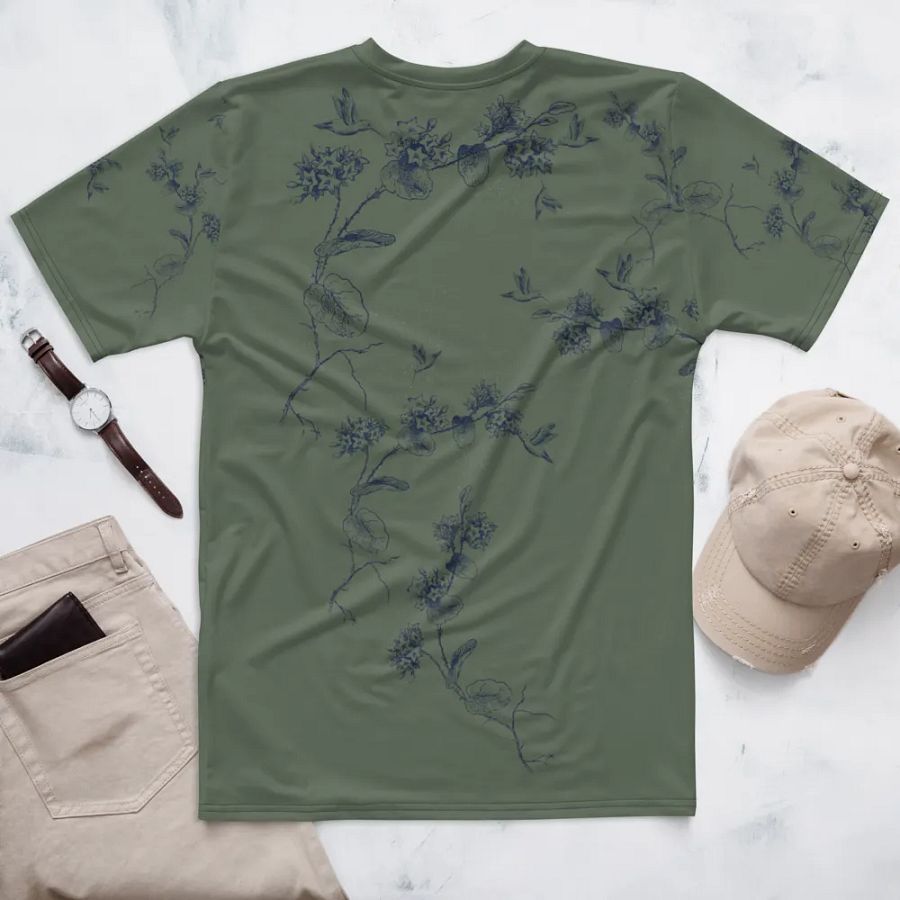 olive green all  over printed unisex T shirt with humming bird design. Outdoors vibe ideal for the person who enjoys birding. product image (6)