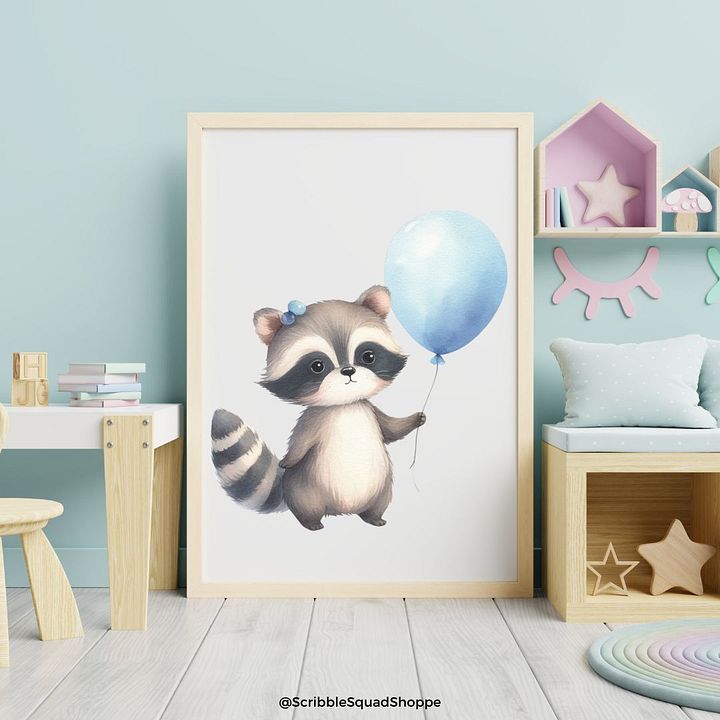 Raquel Raccoon with Blue Balloon Wall Art product image (1)