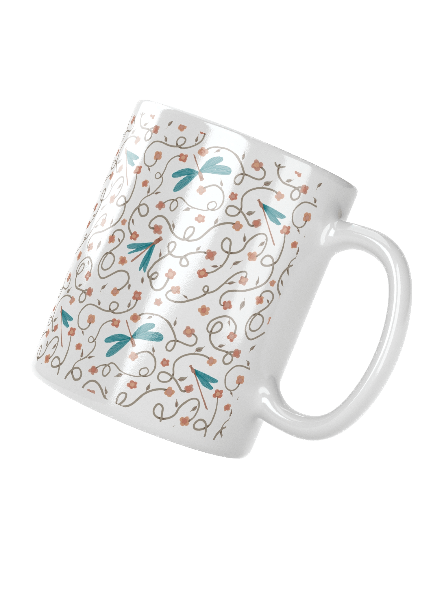 White glossy mug with dragonfly and floral pattern. Artistic nature inspired design product image (3)