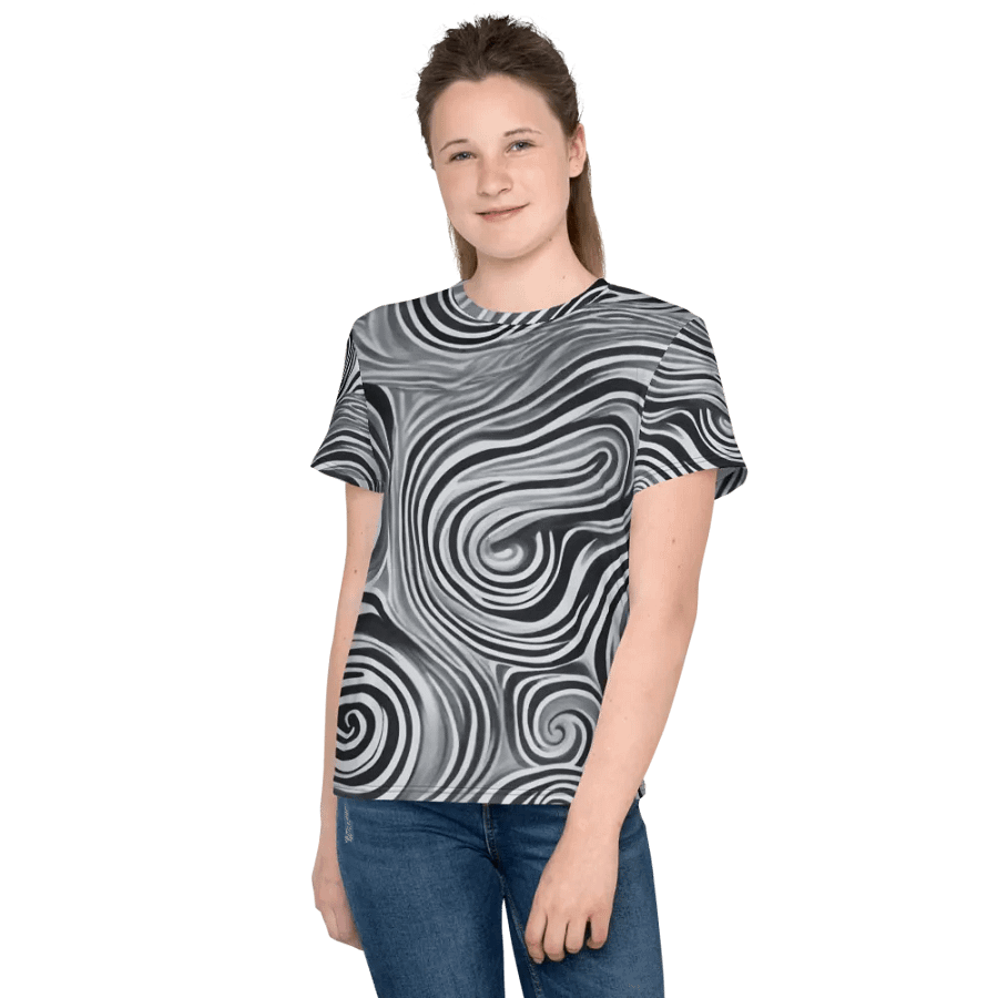 Funky Black and White Noir Liquid Tie-Dye Youth Crew Neck Tee product image (6)