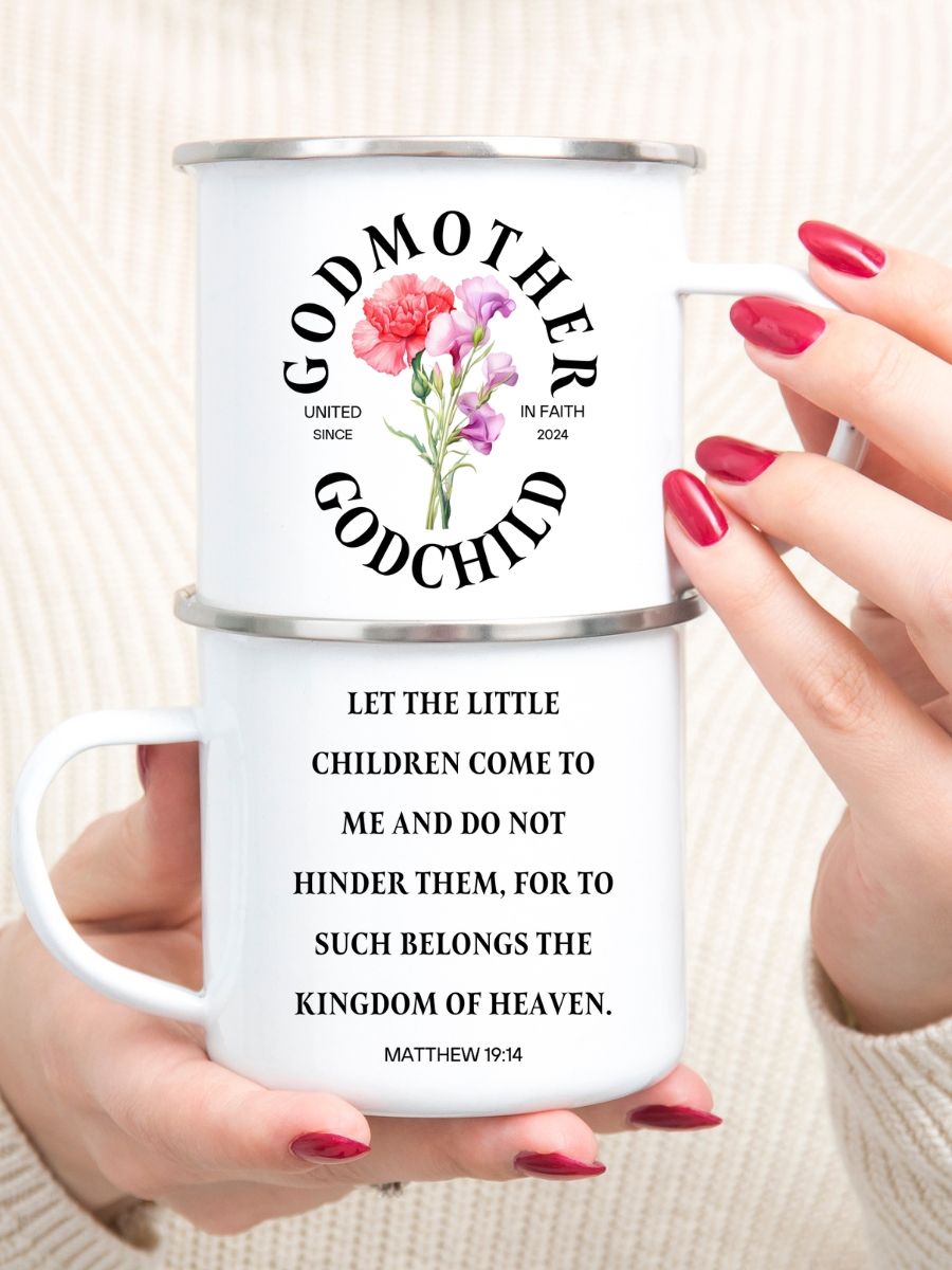 Floral godmother proposal Christian enamel mug with Bible verse - Camping gear Enamel Mug product image (1)